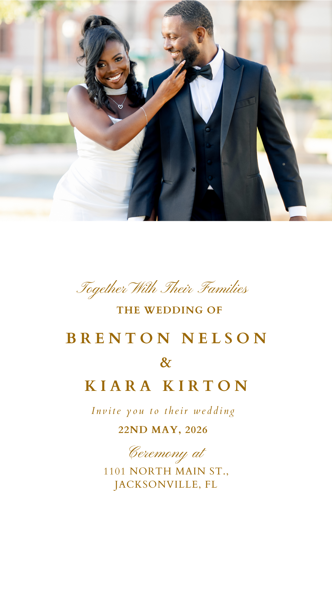 Together with their families, Brenton Nelson and Kiara Kirton invite you to their wedding on May 22, 2026 in Jacksonville, Florida